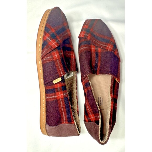 TOMS ALPARGATA LEATHER WRAP BARN RED PLAID SHEARLING LINED SHOES W10 - Picture 8 of 9